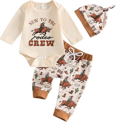 Sasaerucure Newborn Baby Boy Outfit Fall Winter Clothes 3PCS Set | New To the Rodeo Crew Long Sleeve Romper, Long Pants, Knot Hat, Farm Boy Clothes, Western Outfit for Boys in Kuwait