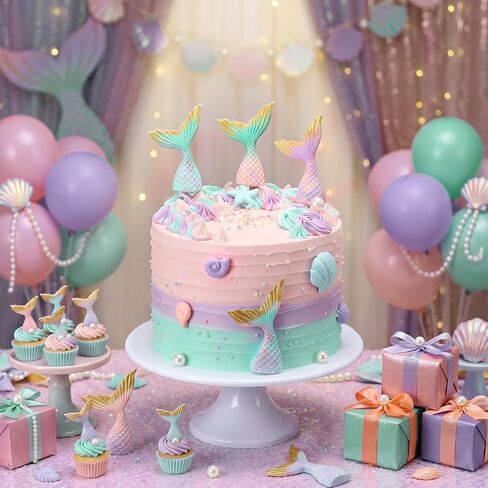 6 Inch Bow Fake Cake Coquettish Birthday Fake Cake Decor Wedding Dessert Props Artificial Heart Dessert for Props Women Birthday Gift(Mermaid,6 Inch,Pastel) in Kuwait