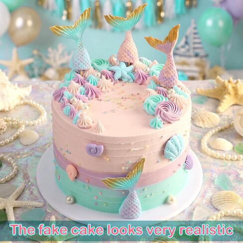6 Inch Bow Fake Cake Coquettish Birthday Fake Cake Decor Wedding Dessert Props Artificial Heart Dessert for Props Women Birthday Gift(Mermaid,6 Inch,Pastel) in Kuwait
