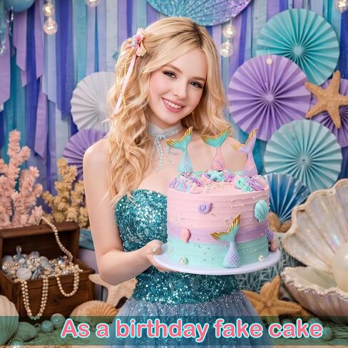 6 Inch Bow Fake Cake Coquettish Birthday Fake Cake Decor Wedding Dessert Props Artificial Heart Dessert for Props Women Birthday Gift(Mermaid,6 Inch,Pastel) in Kuwait