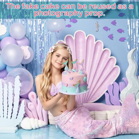 6 Inch Bow Fake Cake Coquettish Birthday Fake Cake Decor Wedding Dessert Props Artificial Heart Dessert for Props Women Birthday Gift(Mermaid,6 Inch,Pastel) in Kuwait