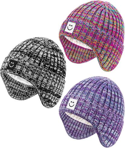 3 Pack Baby Beanie Hats with Earflaps, 2 Size Baby Winter Hat for Toddler Kids, Fleece Lined Knit Hat for Girls Boys in Kuwait