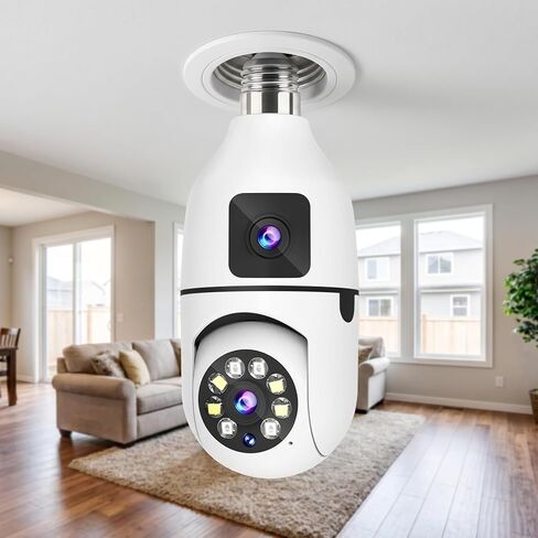 WiFi 1080P HD Camera with Bulb for Remote Surveillance Indoor Security Camera 360°Binocular Surveillance Panoramic Rotation Full-Colour Night Vision W/2-Way Audio Siren Motion Detection White in Kuwait