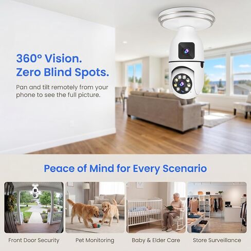 WiFi 1080P HD Camera with Bulb for Remote Surveillance Indoor Security Camera 360°Binocular Surveillance Panoramic Rotation Full-Colour Night Vision W/2-Way Audio Siren Motion Detection White in Kuwait
