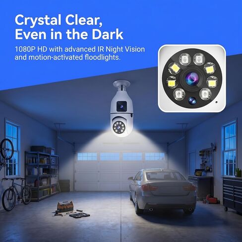 WiFi 1080P HD Camera with Bulb for Remote Surveillance Indoor Security Camera 360°Binocular Surveillance Panoramic Rotation Full-Colour Night Vision W/2-Way Audio Siren Motion Detection White in Kuwait