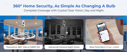 WiFi 1080P HD Camera with Bulb for Remote Surveillance Indoor Security Camera 360°Binocular Surveillance Panoramic Rotation Full-Colour Night Vision W/2-Way Audio Siren Motion Detection White in Kuwait