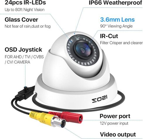 ZOSI 2.0MP HD 1080P 1920TVL Hybrid 4-in-1 TVI CVI AHD 960H CVBS CCTV Dome Security Camera Indoor Outdoor, 80ft Night Vision, IP66 Weatherproof for HD-TVI, AHD, CVI and CVBS/960H Analog DVR(White) in Kuwait