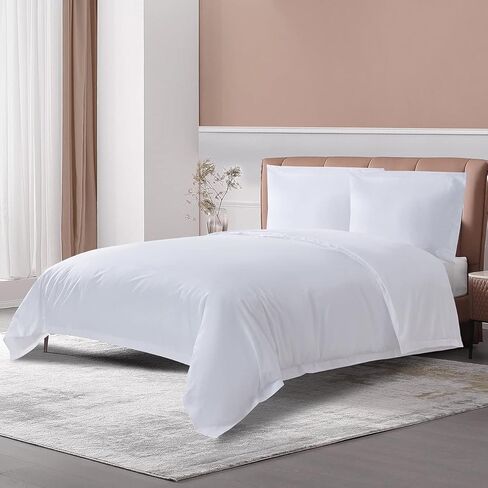 THE COTTON & SILK® Long-Staple Cotton Duvet Cover Set - Queen Size | White + Misty Blue | 1 Duvet Cover & 2 Pillow Shams | Soft, Breathable, Comfortable, Luxury | Sateen Weave | Genuine 300 TC in Kuwait
