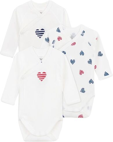 Petit Bateau Babies' long-sleeved wrapover stripy heart pattern cotton GIRLS bodysuits - 3-Pack SIZES 1-18 MONTHS in Kuwait