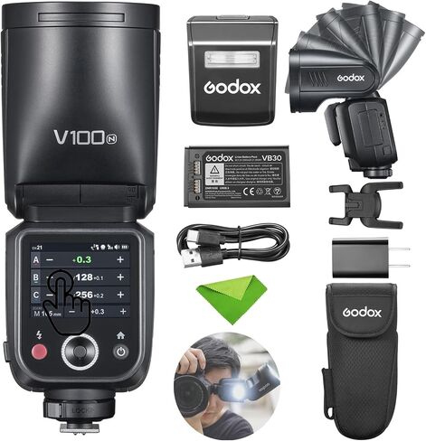 Godox V100 N V100-N 100Ws TTL Flash, 400 Full Power Flashes, 1.7s Recycle Time, 2.4G Wireless with External Flash, HSS Speedlight, Touchscreen Flash (Godox V100-N USA Version) in Kuwait
