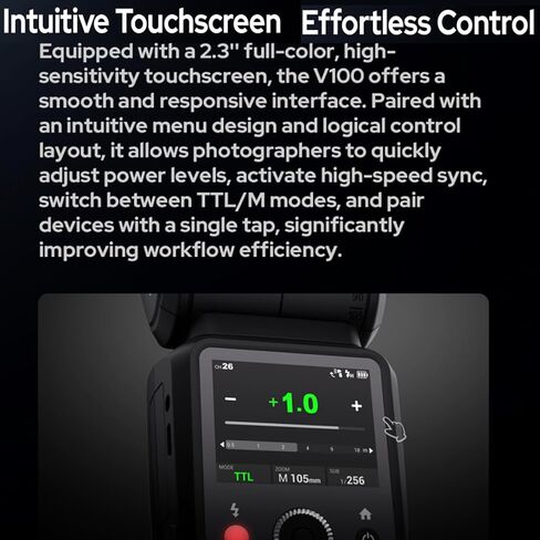 Godox V100 N V100-N 100Ws TTL Flash, 400 Full Power Flashes, 1.7s Recycle Time, 2.4G Wireless with External Flash, HSS Speedlight, Touchscreen Flash (Godox V100-N USA Version) in Kuwait
