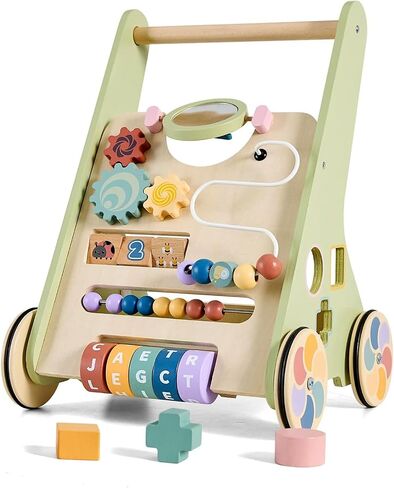 Pink Wooden Baby Walker, Montessori Push Walker, Adjustable Wheels | Adjustable-speed wooden baby walker with Montessori activities, shape sorter, toy storage and rubber wheels for girls 12M+ in Kuwait