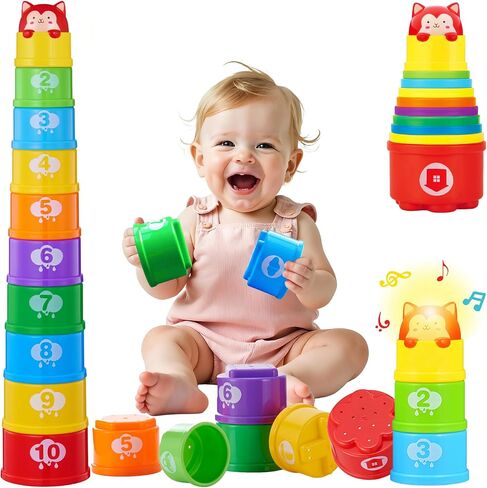 WEEJOYGAM Baby Stacking Cups, Nesting Stacking Toys for Toddlers 1-3 Montessori Toys for 1 Year Old Boy Girl Birthday Gift, Color Stack Block Bath Shower Water Learning Baby Toy 10 11 12 Month in Kuwait