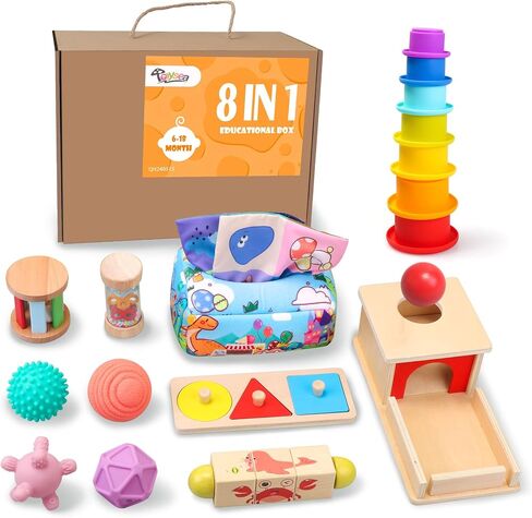 Montessori Toys for Babies 6-12 Months,1 Year Old,8 in 1 Baby Sensory Toy for 12-18 Months Toddler,Wooden Educational Development Toys with Soft Stacking Cup&Sensory Ball&Tissue Box in Kuwait