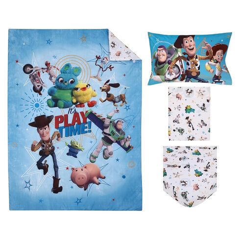 Disney Toy Story It's Play Time Blue, Green, Red, and Yellow, Woody and Buzz 4 Piece Toddler Bed Set - Comforter, Fitted Bottom Sheet, Flat Top Sheet, and Reversible Pillowcase in Kuwait