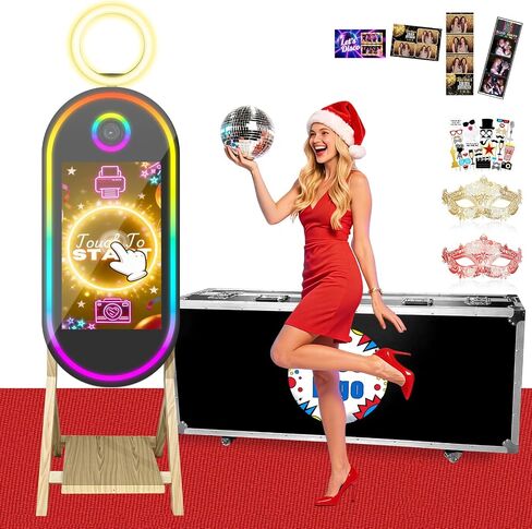 Magic Mirror Photo Booth Wood 50“ with Ring Fill Light,Mirror Photo Booth with 22" Touch Screen Built-in Mini PC, APP Remote Control and Music Sync RBG Light, Instant Print and Share for Party in Saudi Arabia