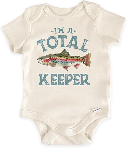 I'm A Total Keeper Rainbow Trout Baby Reveal Bodysuit (0-3 Months, Natural) | Pregnancy Announcement Outfit, Fly Fishing Newborn Clothes, Angler Baby Gift, Surprise For Grandparents, Neutral Photo Prop in Kuwait
