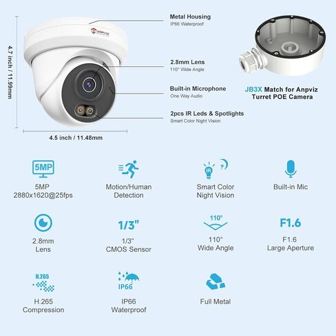 Anpviz 2-Pack 5MP PoE IP Camera, Turret Security IP Camera Outdoor Wired | Smart Color Night Vision, AI Human Motion Detection, Built-in Mic, NDAA, Requires NVR, NOT Work Independently in Kuwait