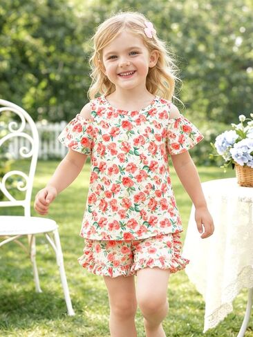 Little Girls 2 Piece Outfits, Cold Shoulder Floral Print Top + Ruffle Shorts Set, Summer Clothes for Kids Girls 2-12 Years in Kuwait