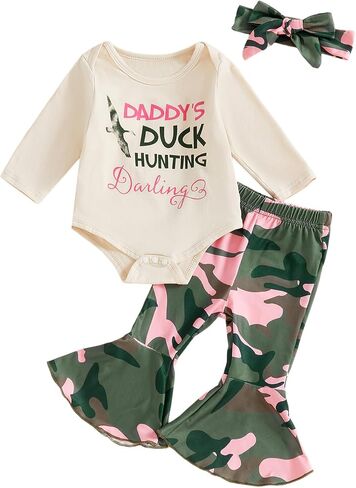 Newborn Baby Girl Hunting Clothes Duck Daddy's Hunting Buddy Romper Camo Flare Pants Set Coming Home Fall Outfits in Kuwait