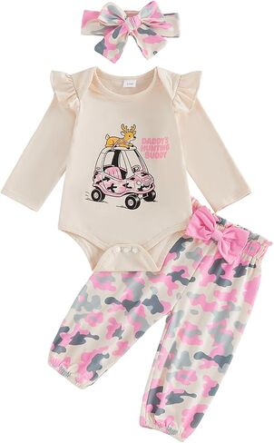 Newborn Baby Girl Outfits Camo Deer Print Romper Pants 3pcs Daddy’s Hunting Buddy Clothes Set Fall Winter in Kuwait