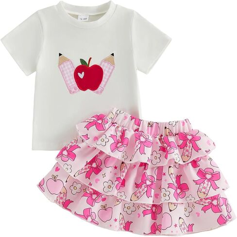 Girl Back to School Outfit Pencil Apple Short Sleeve Tops A-line Skirt Set | Toddler Girl First Day Of School Outfit Apple Embroidery T-shirt Tops Tutu Skirt Set Pre Kindergarten Outfit 1-6 Years Old in Kuwait