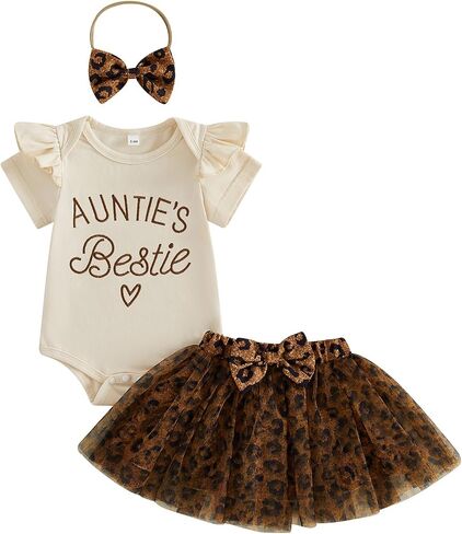 Gaono Baby Girl Aunties Bestie Clothes Newborn Letters Print Ruffle Romper Leopard Tulle Skirt Headband Outfits 0-18 Months in Kuwait