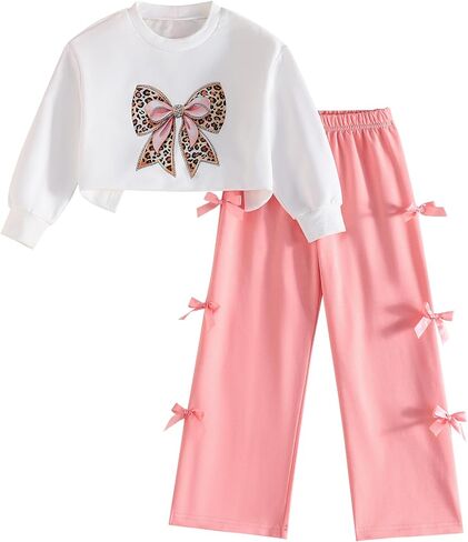 Girls 2 Piece Outfits Leopard Bow Crew Neck Sweatshirt and Cute Wide Leg Pants Clothing Set in Kuwait