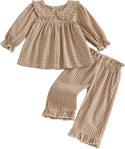 Kids Girls Pants Sets Plaid Button Doll Collar Wrinkled Sleeves Sweatshirt Top Long Pants Toddler Fall Clothes in Kuwait