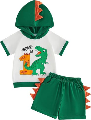 Bonangber Toddler Baby Boy Birthday Outfit Letters Hooded Short Sleeve Dinosaur Birthday Shirt Shorts Cake Smash Outfit in Kuwait