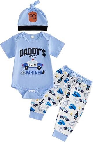 Newborn Baby Boy Summer Outfit Firefighter Police Car Short Sleeve Romper Shirt Pants Hat 3Pcs Spring Clothes Set in Kuwait