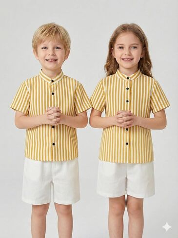 Toddler Boys and Girls Summer Outfits, Twill Cotton Striped Shirt and Shorts Set - 1 to 6 Years in Kuwait
