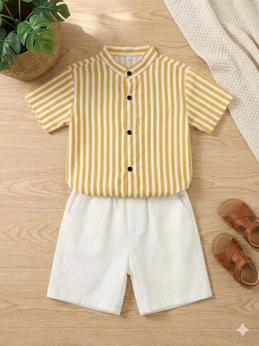 Toddler Boys and Girls Summer Outfits, Twill Cotton Striped Shirt and Shorts Set - 1 to 6 Years in Kuwait