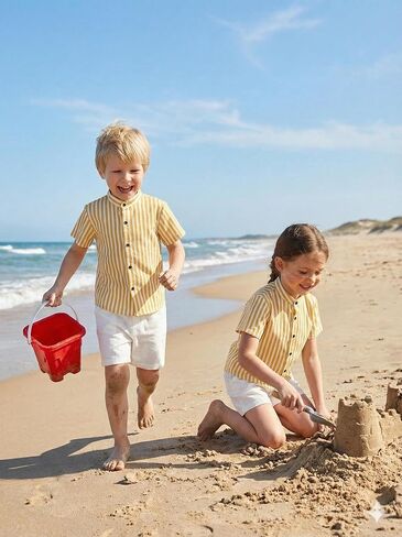 Toddler Boys and Girls Summer Outfits, Twill Cotton Striped Shirt and Shorts Set - 1 to 6 Years in Kuwait