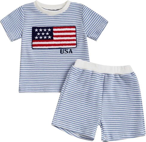 Toddler Baby 4th of July Outfit American Flag Embroidery Striped Crew Neck Short Sleeve T-ShirtWith Shorts in Kuwait
