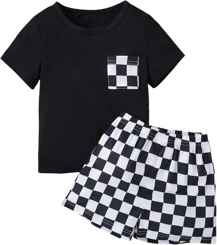 WDIRARA Toddler Boy's 2 Piece Shorts Outfits Checkered Plaid Short Sleeve Tee Shorts Set Summer Outfits in Kuwait