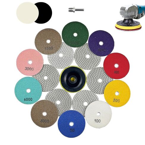 4 Inch Diamond Polishing Pads, 22 PCS 50-8000 Grit Wet/Dry Granite Stone Polish Pad Kit with 5/8’’-11 Backer Pad, Drill Adapter and Wool Disc for Granite Marble Concrete Stone Tile in Kuwait