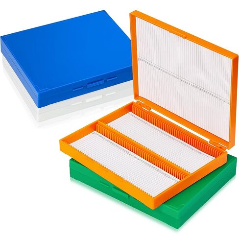 4 Pcs Microscope Slide Storage Box, Plastic Microscope Glass Slide Holder Case with Latch Lock for 25mm × 75mm Microslide (100place,7.87 x 6.30 x 1.26 Inches,Blue,Orange,White,Green) in Kuwait