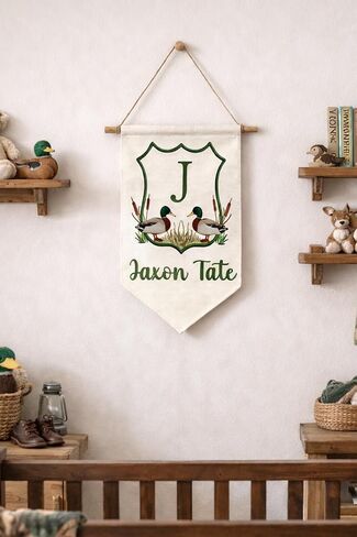 Personalized Banner with Ducks – Custom Name Wall Hanging for Baby Boy nursery – Woodland Mallard Nursery Decor in Kuwait