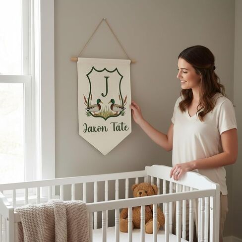 Personalized Banner with Ducks – Custom Name Wall Hanging for Baby Boy nursery – Woodland Mallard Nursery Decor in Kuwait