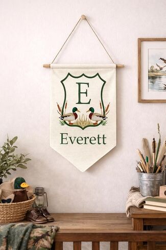 Personalized Banner with Ducks – Custom Name Wall Hanging for Baby Boy nursery – Woodland Mallard Nursery Decor in Kuwait