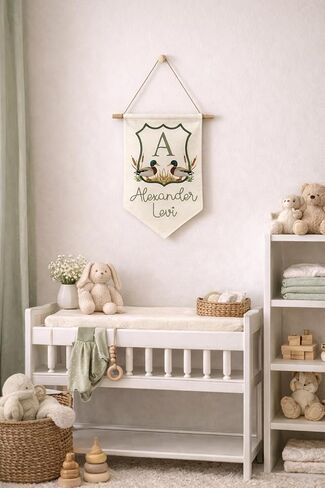 Personalized Banner with Ducks – Custom Name Wall Hanging for Baby Boy nursery – Woodland Mallard Nursery Decor in Kuwait