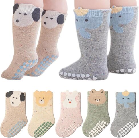 Toddler Non-Skid Crew Socks, Baby Non-Slip Socks for Girls & Boys, Newborn & Infant First Walking Floor Socks, 5 Pairs in Kuwait