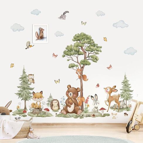 wondever Woodland Animals Wall Stickers Large Pine Tree Forest Bear Deer Fox Peel and Stick Wall Art Decals for Baby Nursery Kids Bedroom Playroom in Kuwait