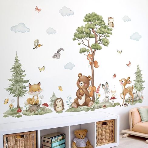 wondever Woodland Animals Wall Stickers Large Pine Tree Forest Bear Deer Fox Peel and Stick Wall Art Decals for Baby Nursery Kids Bedroom Playroom in Kuwait