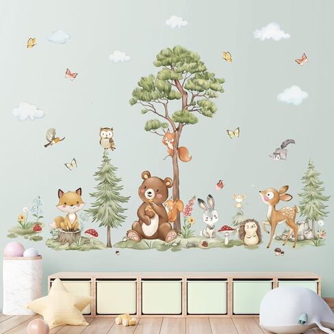 wondever Woodland Animals Wall Stickers Large Pine Tree Forest Bear Deer Fox Peel and Stick Wall Art Decals for Baby Nursery Kids Bedroom Playroom in Kuwait