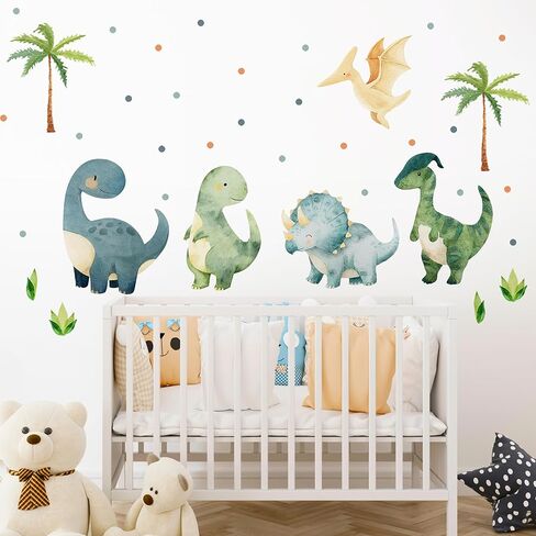 Large Dinosaurs Wall Decals, Dino Animal Tropical Palm Tree Home Decorations, Self Adhesive Dinosaurs Wall Art Sticker for Baby Nursery Kids Room Home Decor (Green Boho Dinosaurs Dot Decals) in Kuwait