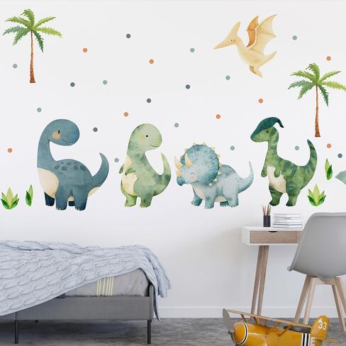 Large Dinosaurs Wall Decals, Dino Animal Tropical Palm Tree Home Decorations, Self Adhesive Dinosaurs Wall Art Sticker for Baby Nursery Kids Room Home Decor (Green Boho Dinosaurs Dot Decals) in Kuwait