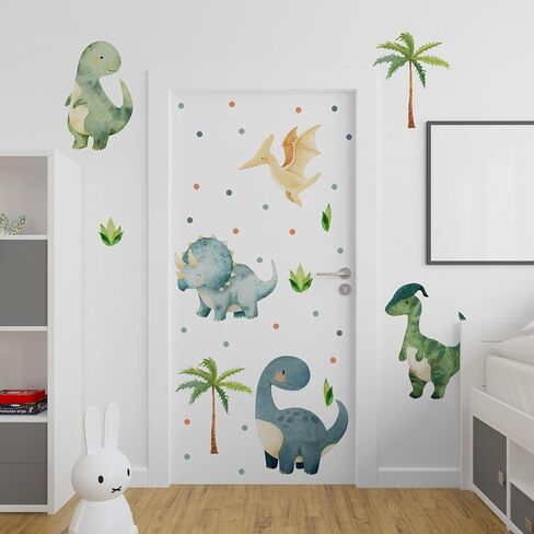 Large Dinosaurs Wall Decals, Dino Animal Tropical Palm Tree Home Decorations, Self Adhesive Dinosaurs Wall Art Sticker for Baby Nursery Kids Room Home Decor (Green Boho Dinosaurs Dot Decals) in Kuwait