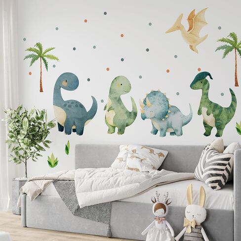 Large Dinosaurs Wall Decals, Dino Animal Tropical Palm Tree Home Decorations, Self Adhesive Dinosaurs Wall Art Sticker for Baby Nursery Kids Room Home Decor (Green Boho Dinosaurs Dot Decals) in Kuwait